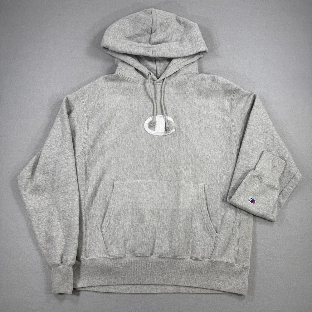 Champion Reverse Weave Hoodie Men Large‎ Gray Big C Logo Pullover Sweatshirt